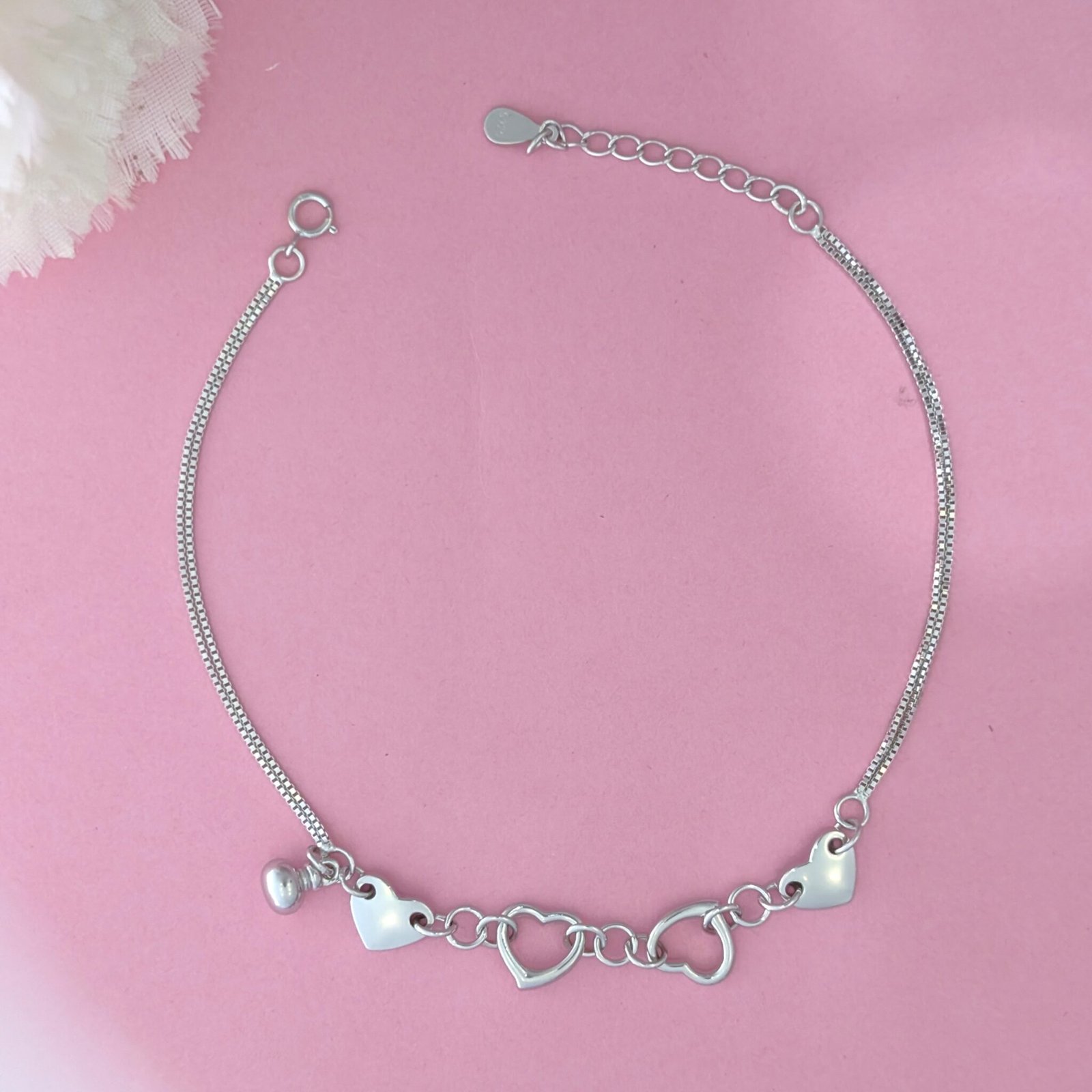 925 Conjoined Silver Hearts Anklet