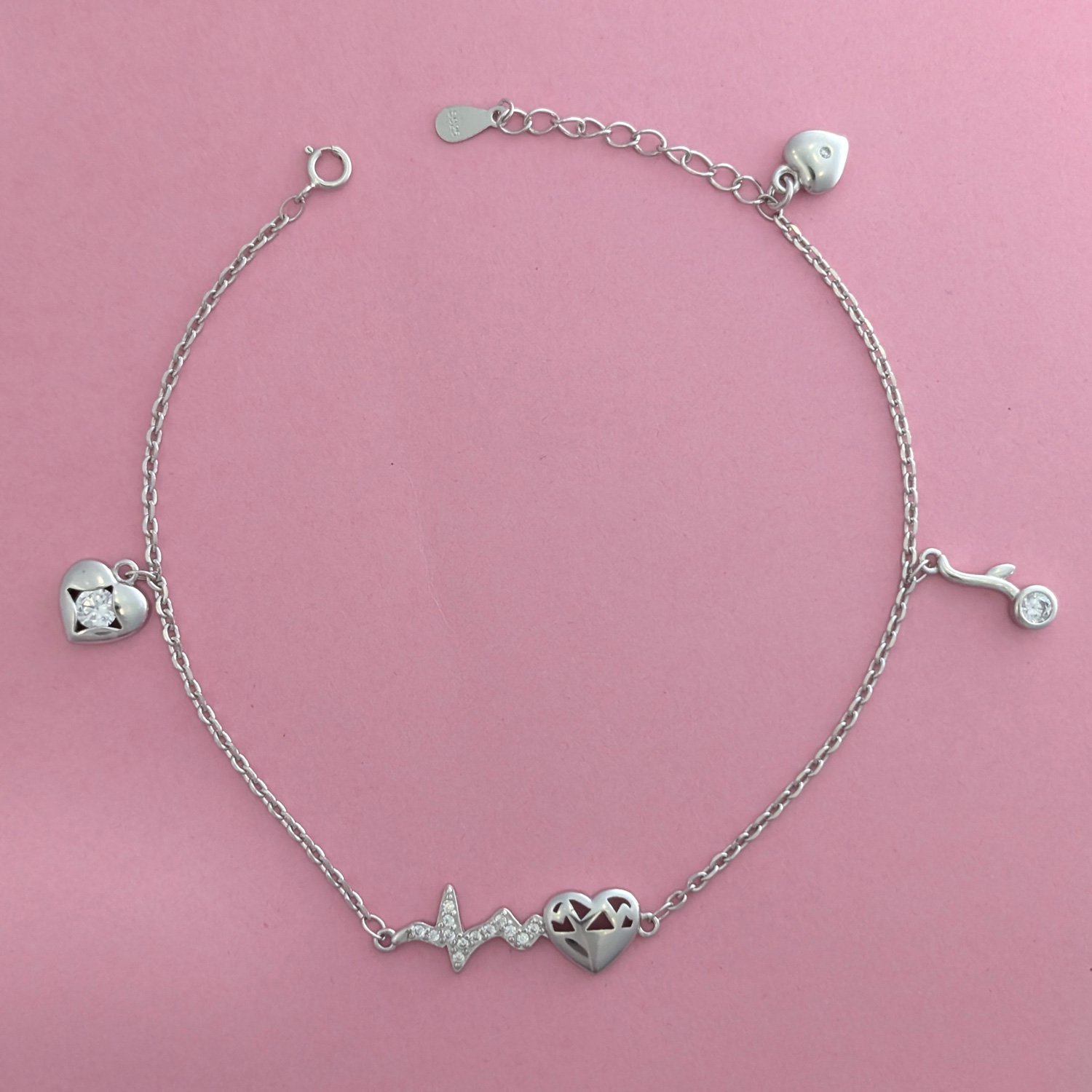 925 Conjoined Silver Hearts Anklet