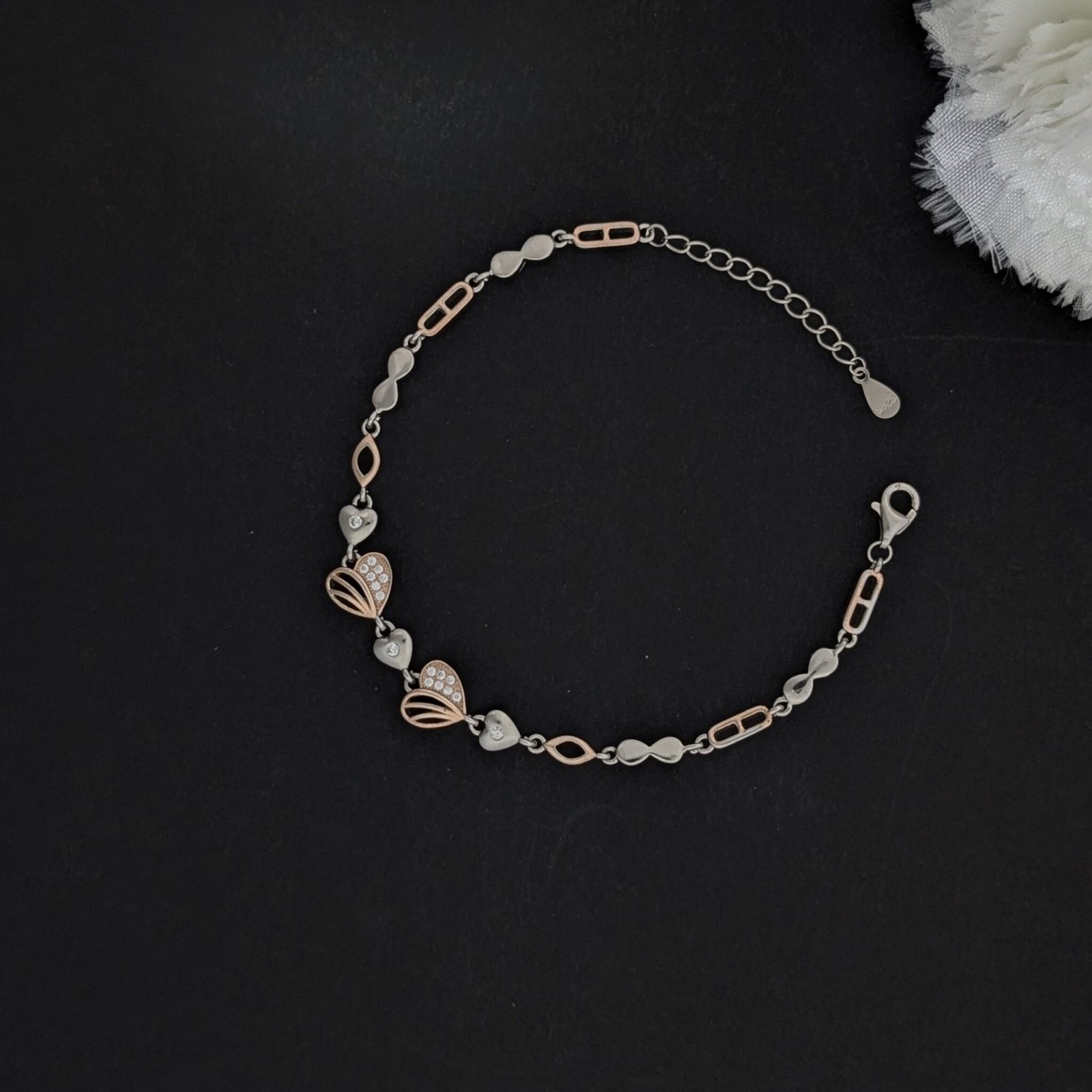Elegant 925 Silver Dual-Tone Heart & Leaf Bracelet | Binduxi Jewellers