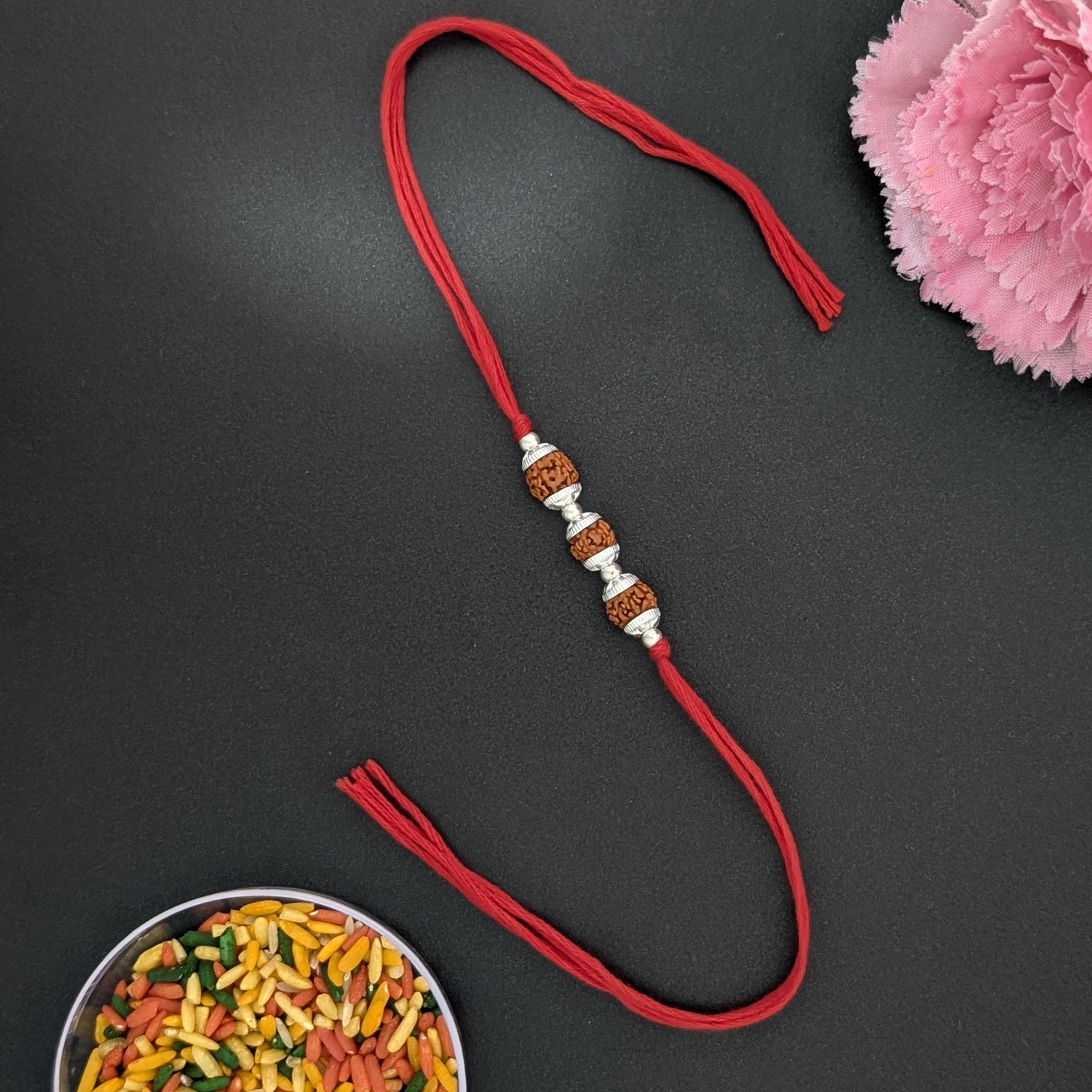 Silver Rakhis: Triple Rudraksha Rakhi for Brother
