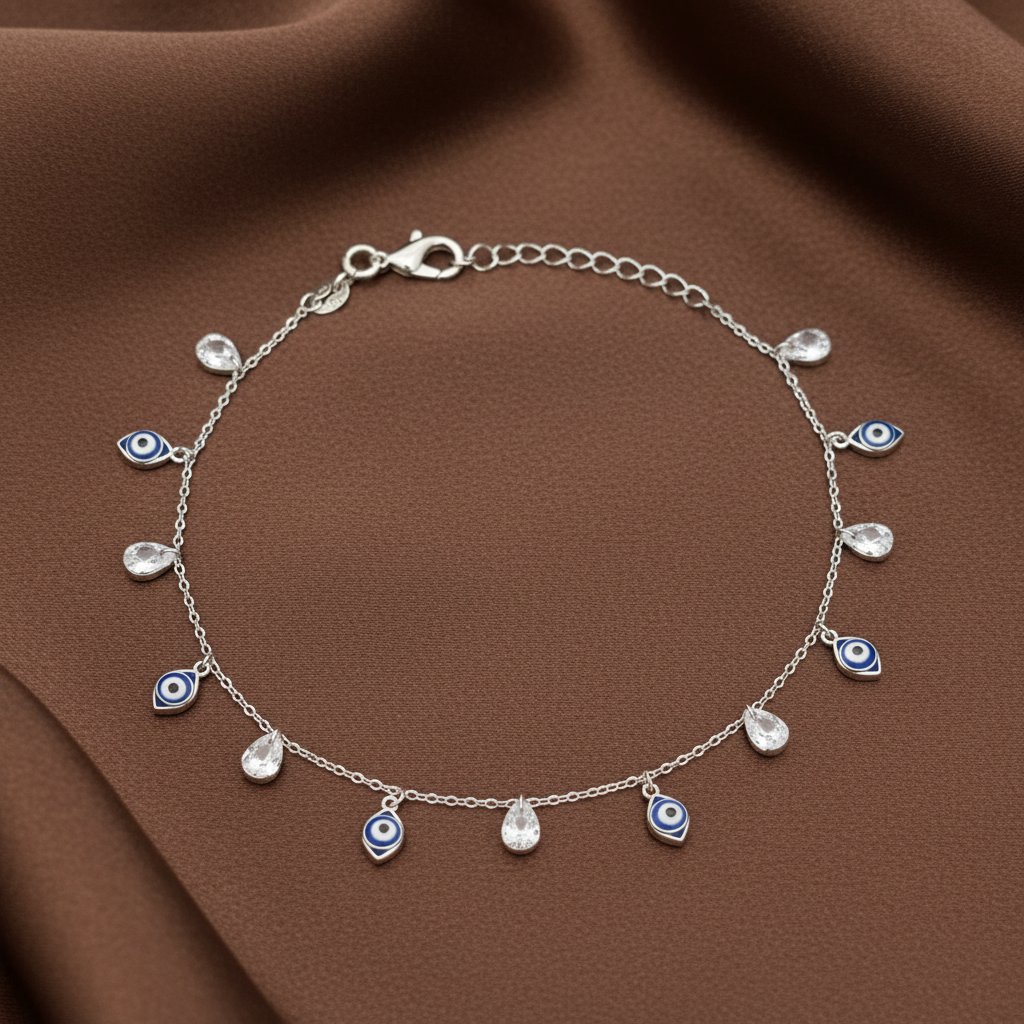 925 Sterling Silver Evil Eye & Crystal Drop Bracelet – Timeless Elegance with Protective Charm