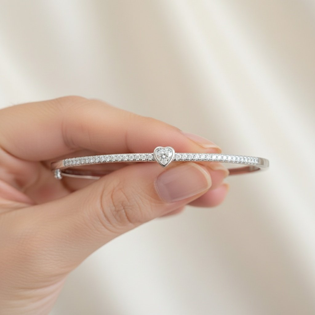 Silver Heart Kada Bracelet 925 | 7.520g Elegant Design | Binduxi Jewellers 925 sterling silver heart kada bracelet for women with diamond cut design 7.520g