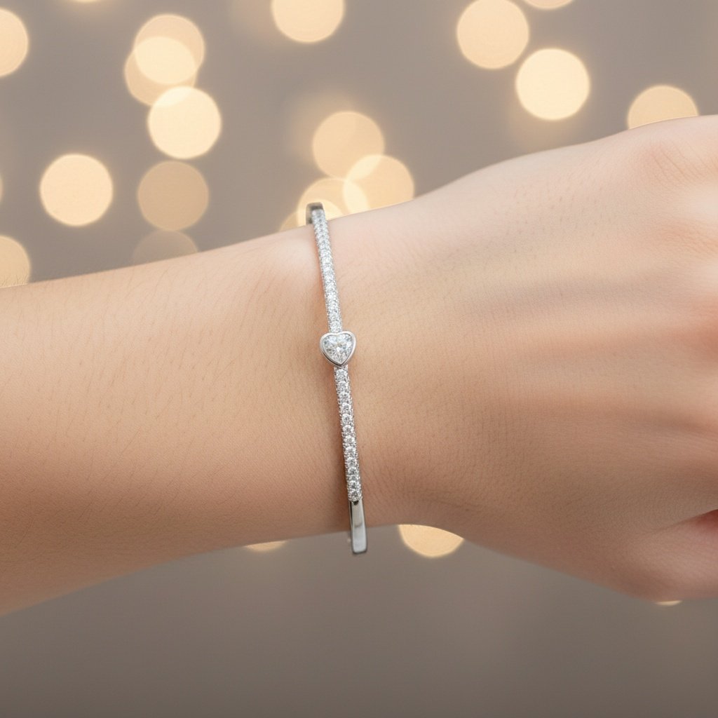 Silver Heart Kada Bracelet 925 | 7.520g Elegant Design | Binduxi Jewellers 925 sterling silver heart kada bracelet for women with diamond cut design 7.520g