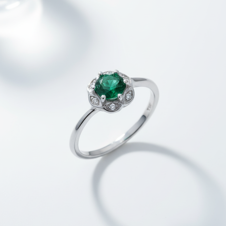 silver emerald flower ring for women 925 sterling silver green stone floral ring size 14