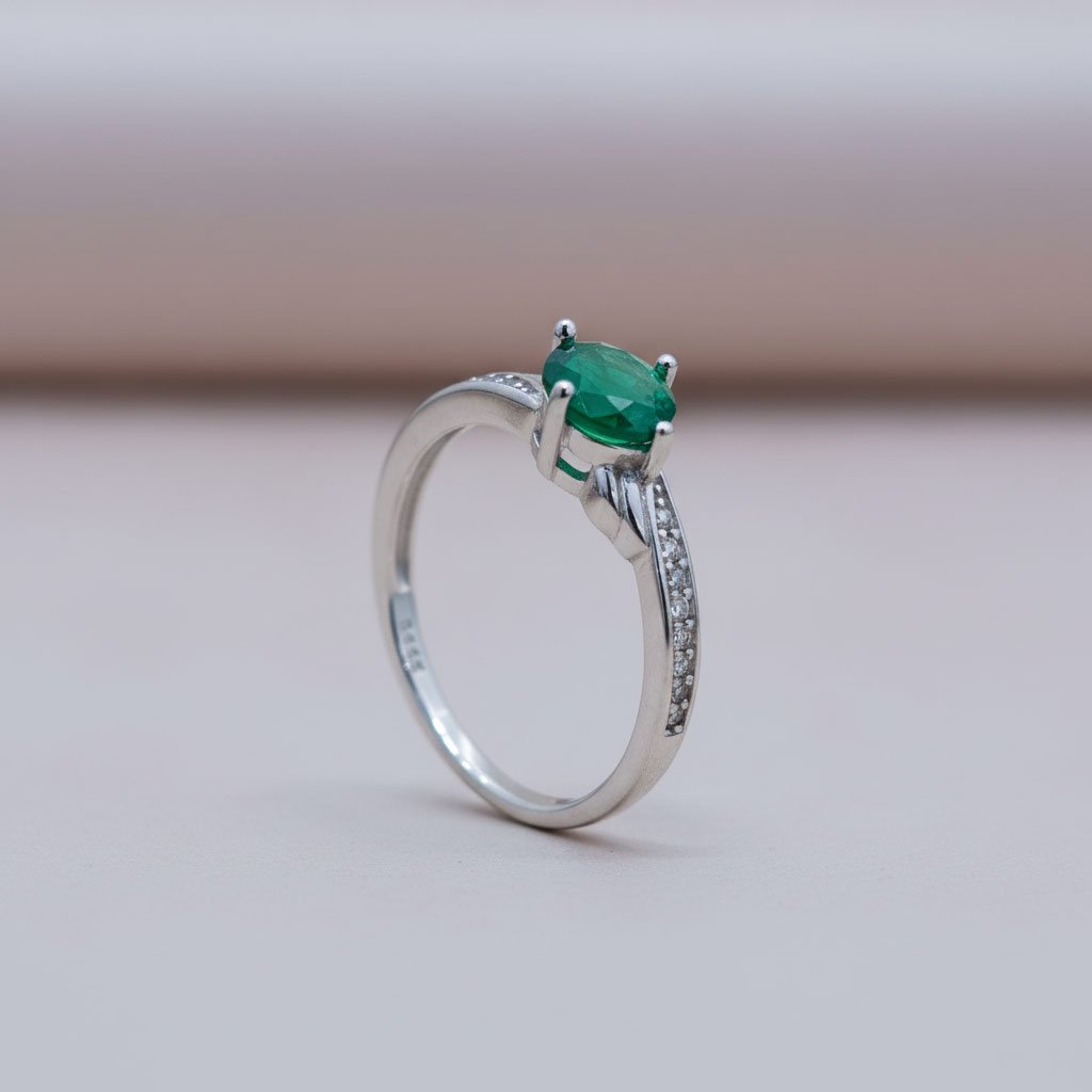 925 Sterling Silver Emerald Ring for Women | Green Stone Silver Ring | Size 14 | 2.030g | Binduxi Jewellers