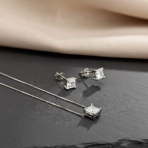 925 sterling silver square crystal pendant set with matching stud earrings for women