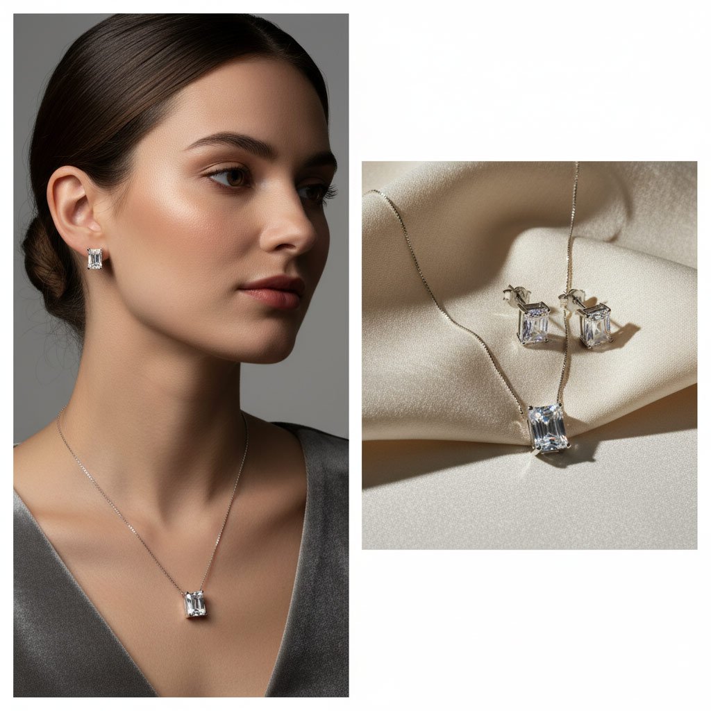 925 sterling silver rectangle pendant set with matching earrings for women