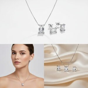 925 sterling silver rectangle pendant set with matching earrings for women