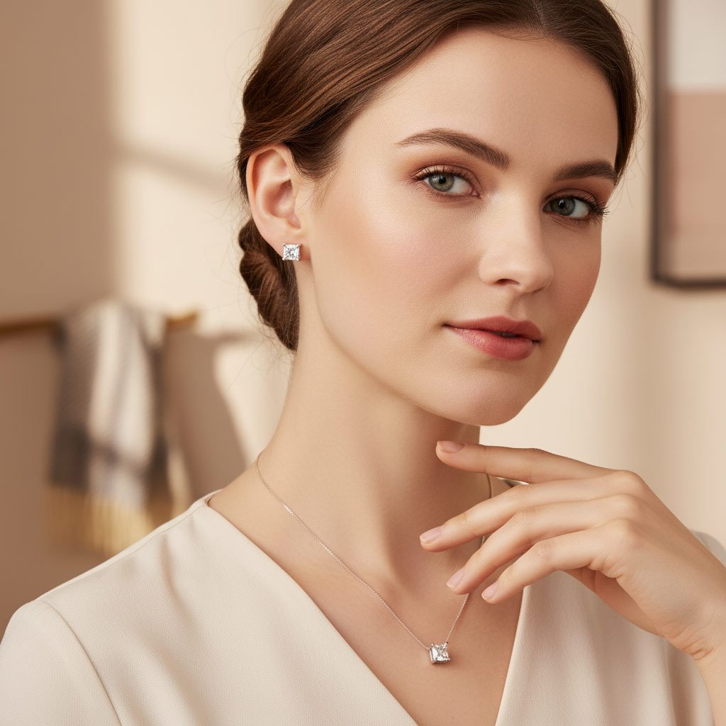 925 sterling silver square crystal pendant set with matching stud earrings for women